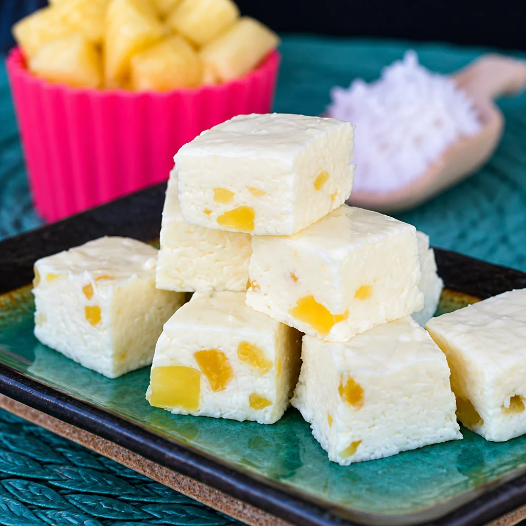 Delicious Pineapple Coconut Fudge with coconut flakes and pineapple bits