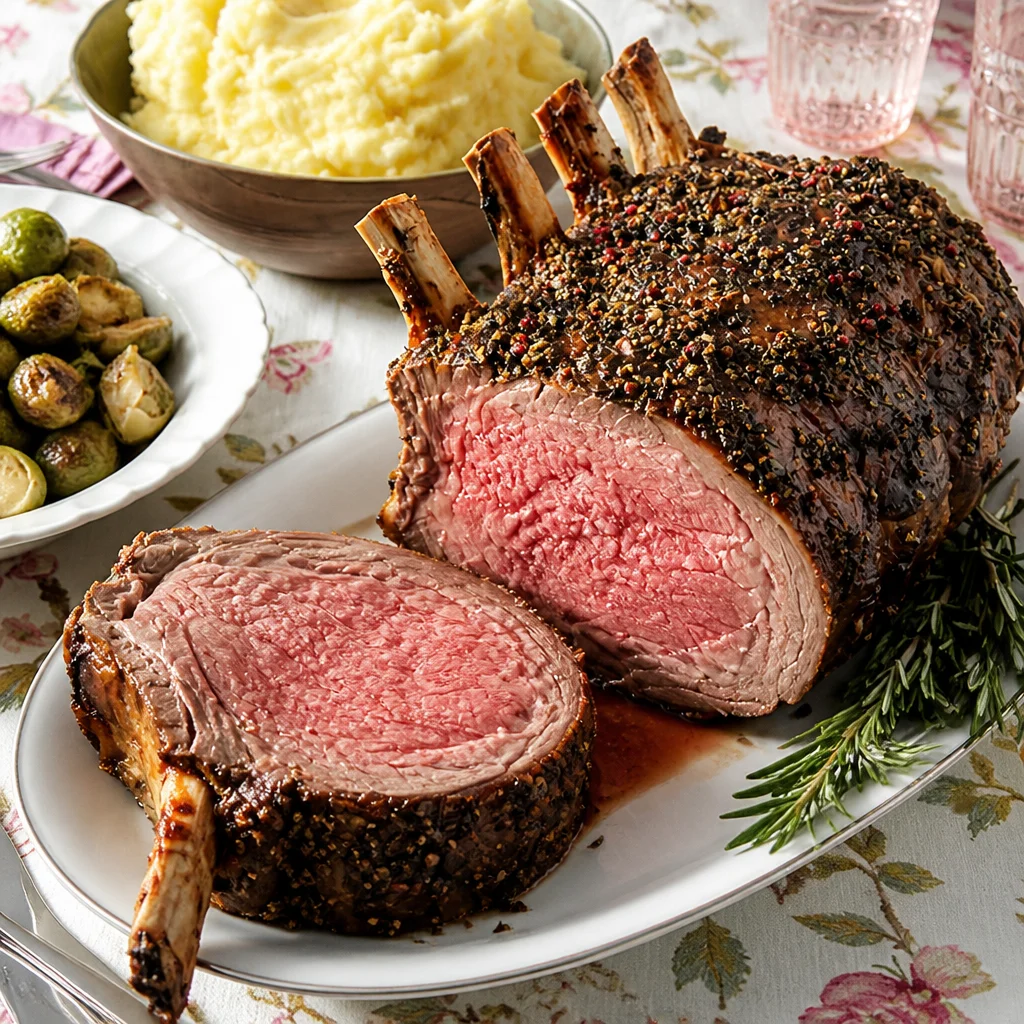 Perfectly roasted prime rib served for a festive Christmas dinner