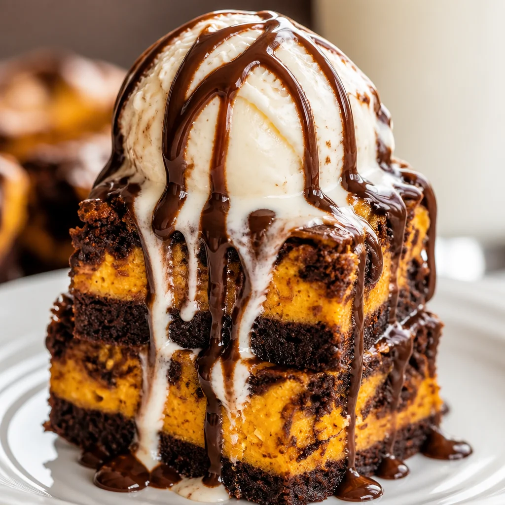 Decadent Pumpkin Cream Cheese Swirl Brownies with fudgy and cheesecake layers.