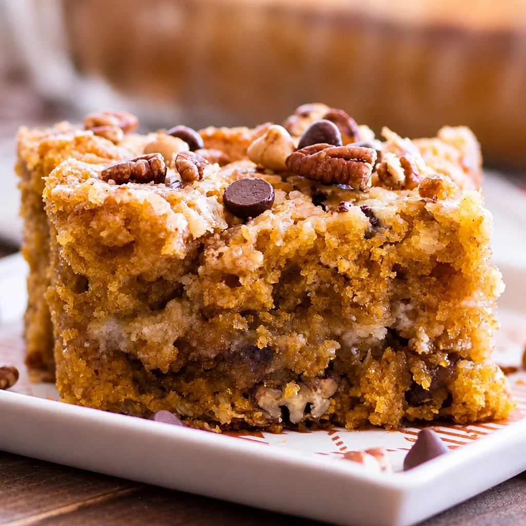 A delicious slice of Pumpkin Earthquake Cake with cream cheese and pecans.
