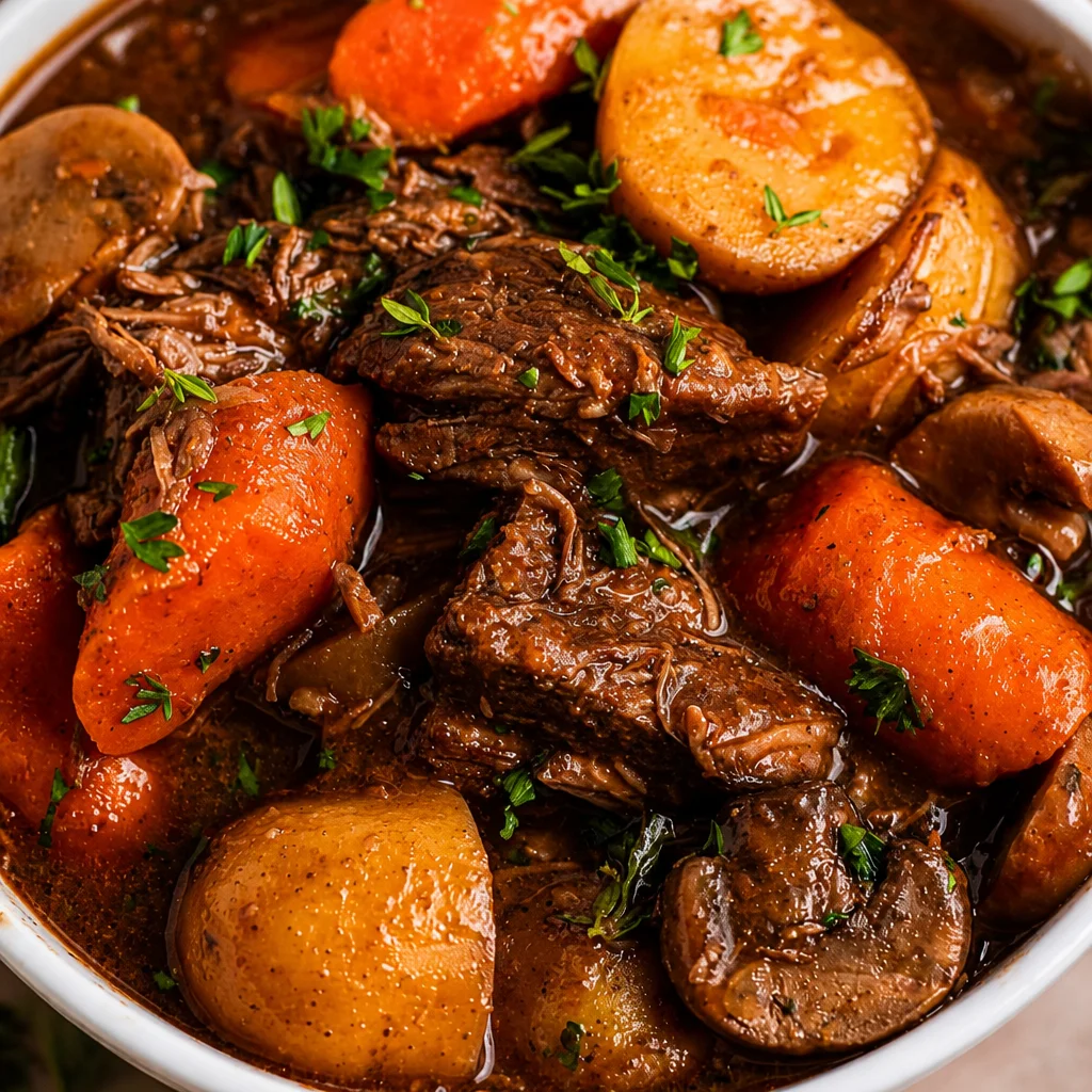 Hearty Slow Cooker Beef and Mushroom Stew in a bowl with vegetables.