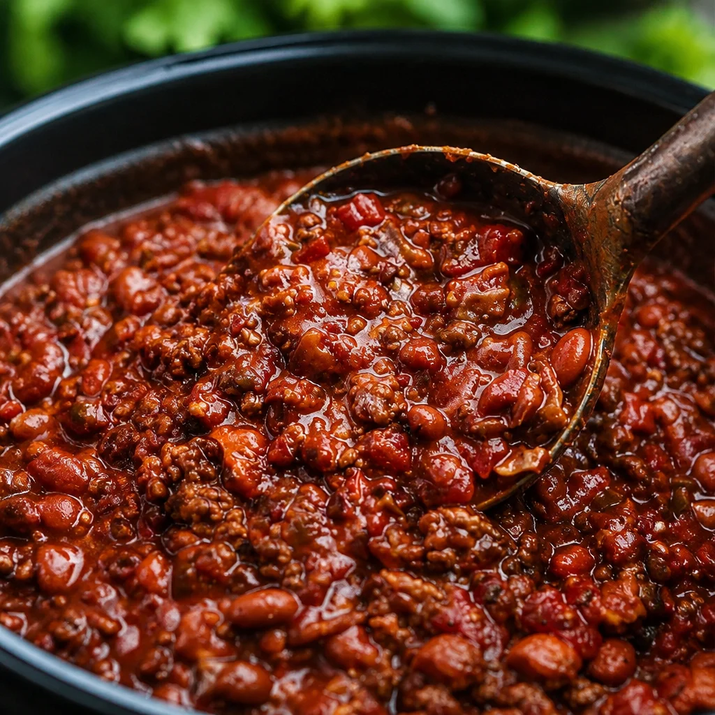 Bowl of award-winning Slow Cooker Beef Chili with beans and toppings.