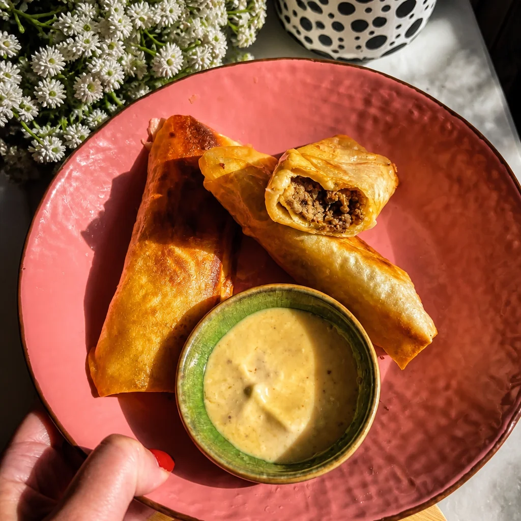 Crispy smash burger spring rolls filled with juicy beef and cheese on a plate.