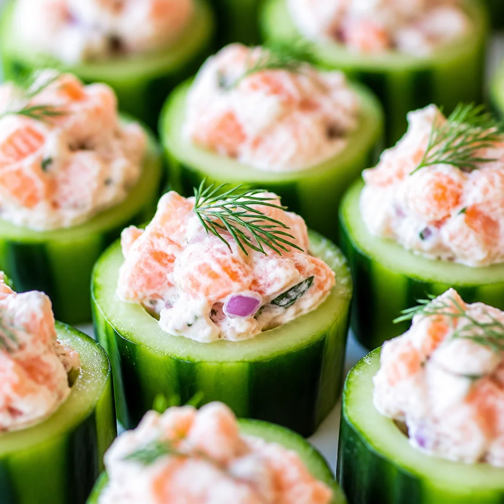 Smoked Salmon Cucumber Bites topped with herb cream cheese and dill for a refreshing appetizer.