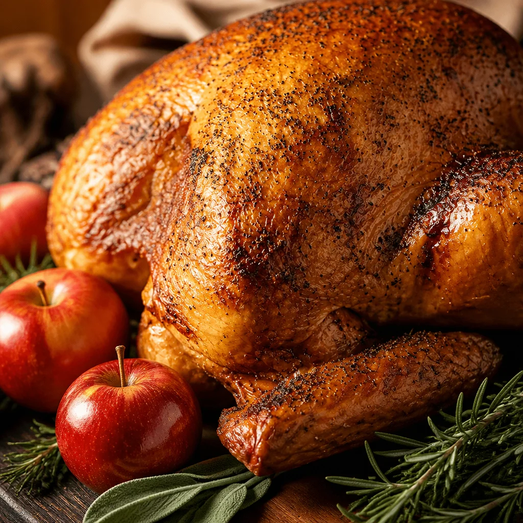 Juicy smoked turkey served for Thanksgiving dinner with crispy skin.