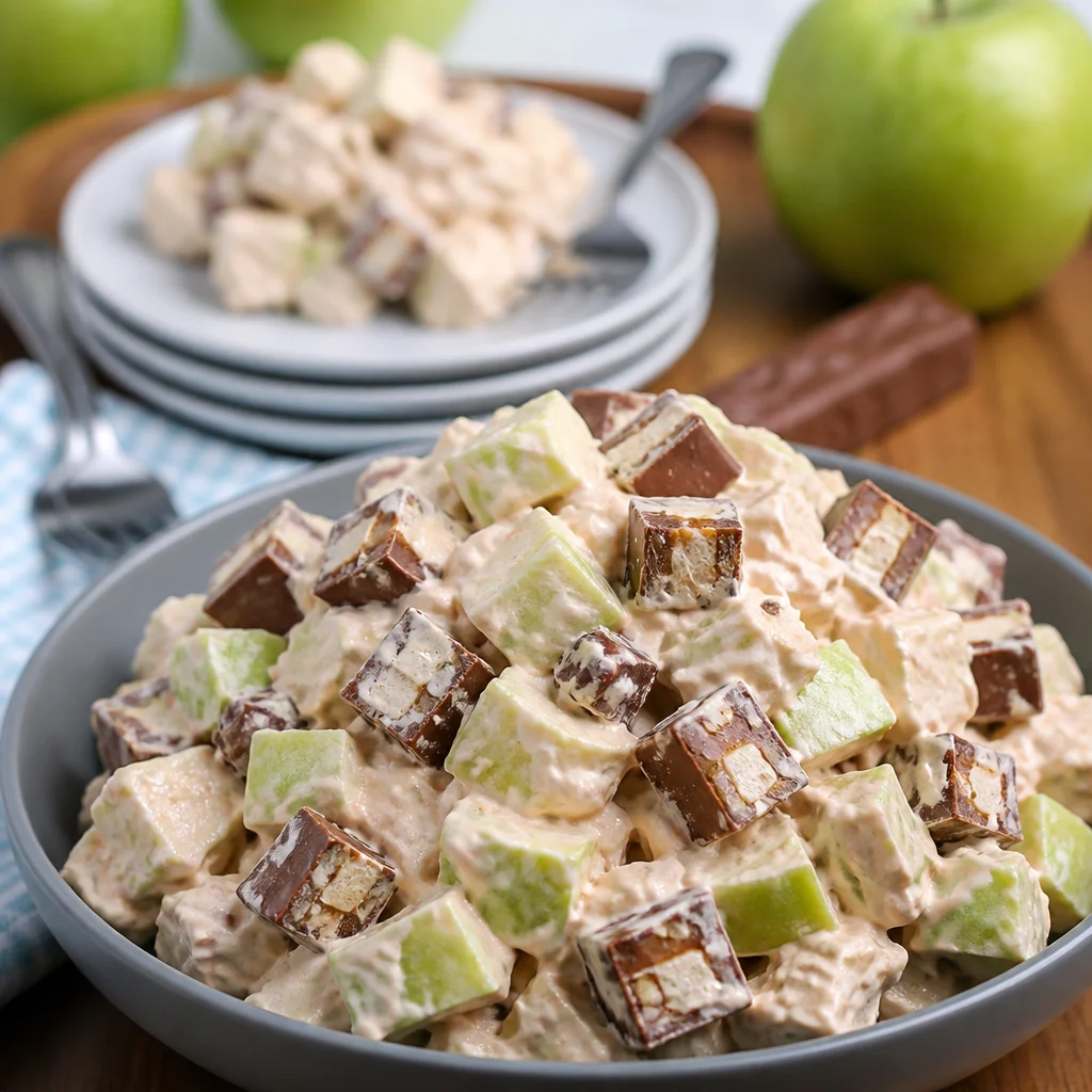 Delicious Snickers Apple Salad with apples, Snickers bars, and whipped topping.