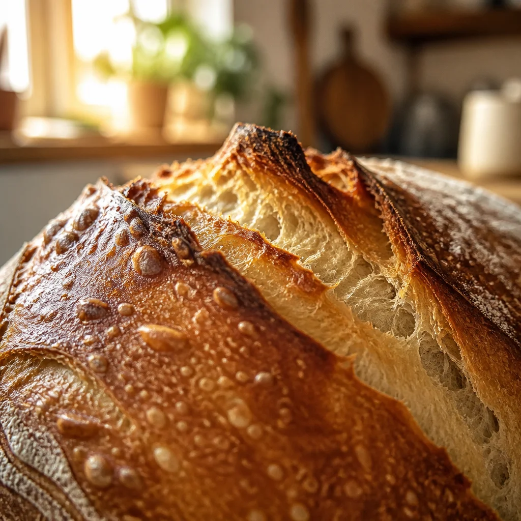 A freshly baked loaf of sourdough bread made without a starter.