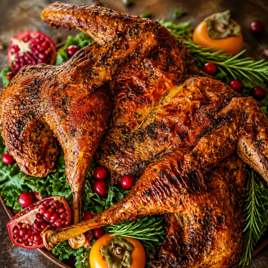Crispy skin spatchcock turkey served with gravy for Thanksgiving