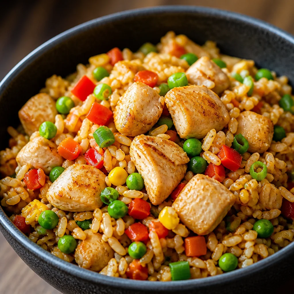 Delicious Spicy Chicken Fried Rice with tender chicken and vibrant vegetables