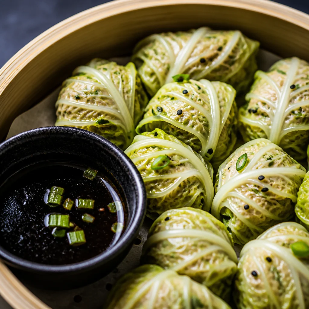 Savory stuffed cabbage dumplings with pork filling wrapped in napa cabbage leaves.