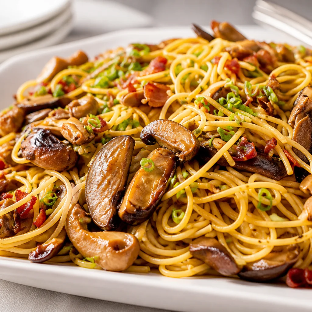 Creamy Super Savory Mushroom Pasta with golden mushrooms and crispy bacon.