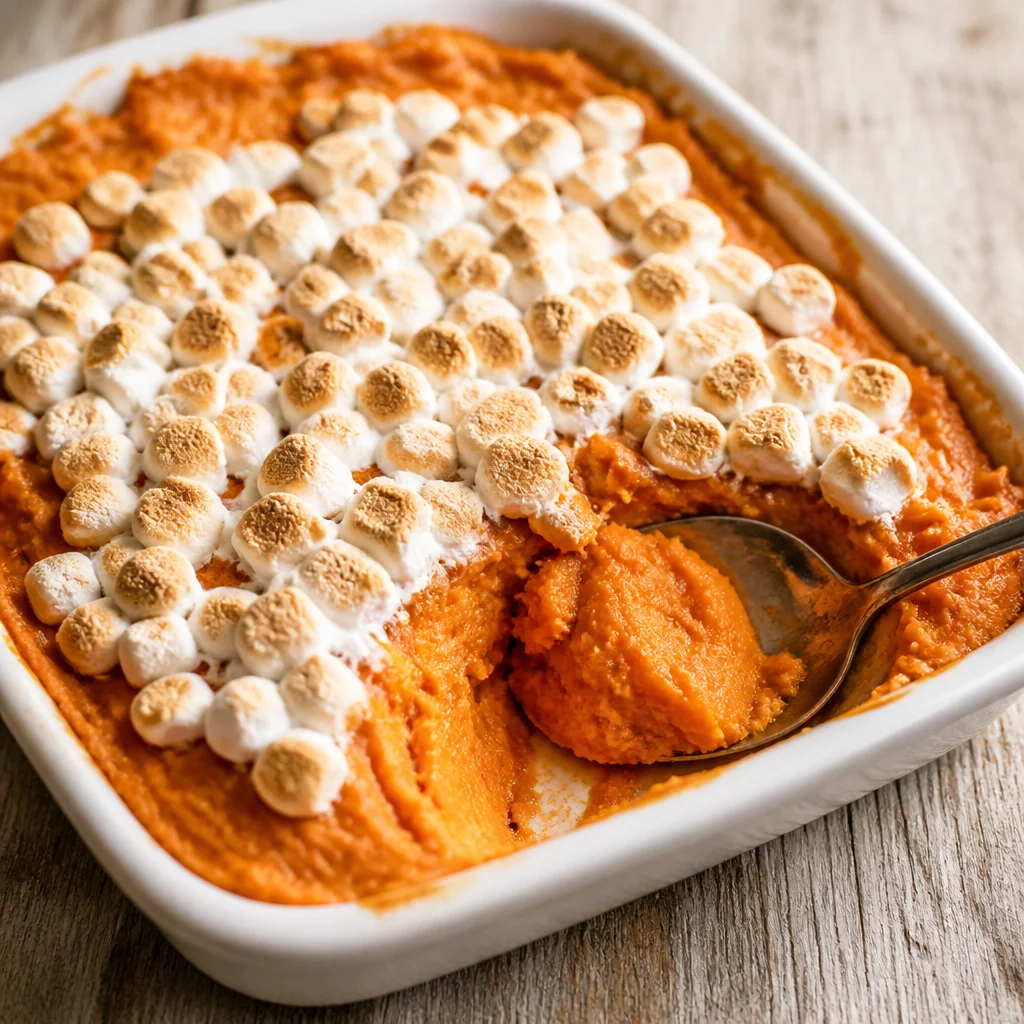 Sweet potato casserole with marshmallows topped and baked to perfection