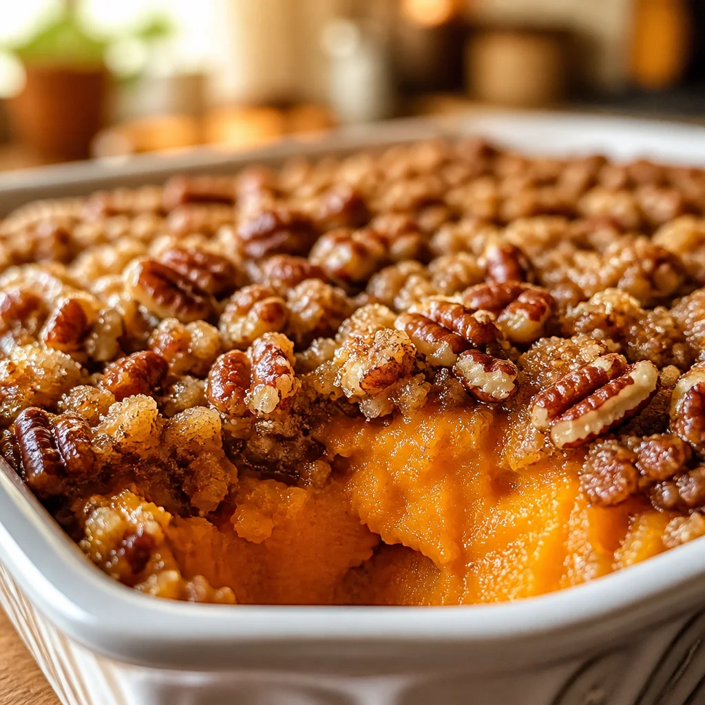 Delicious Sweet Potato Casserole with Pecan Streusel topping in a baking dish.