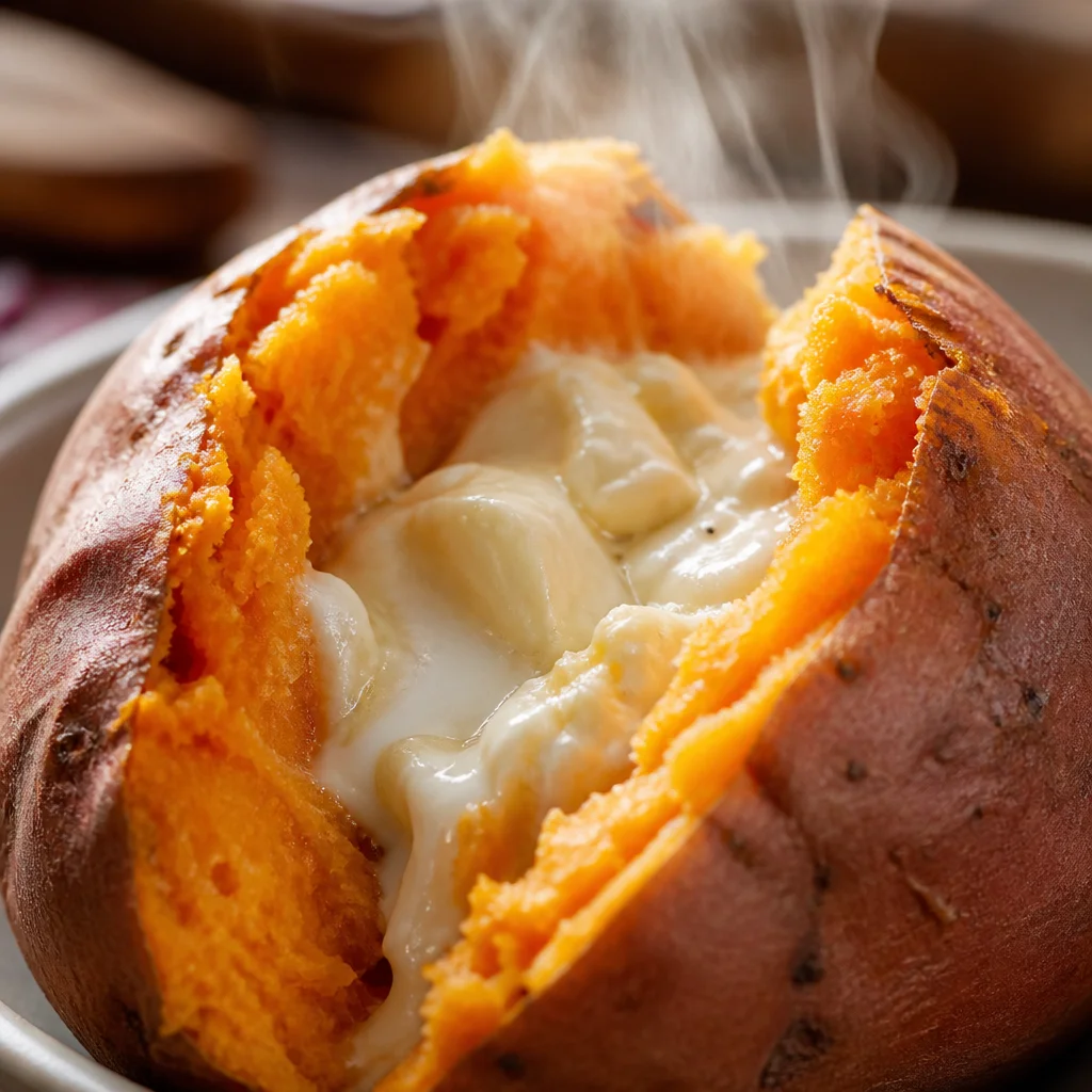 Baked sweet potato stuffed with cream cheese for a delicious and simple recipe.