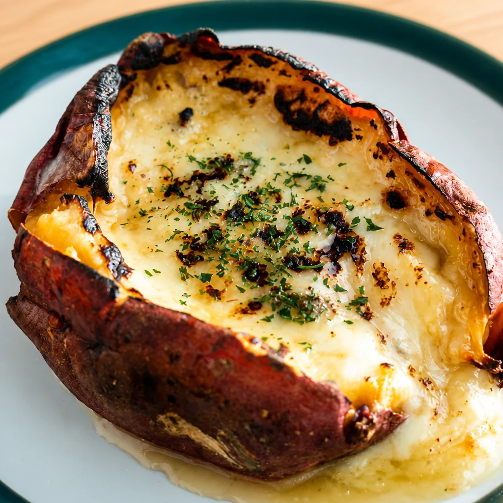 Close-up of Sweet Potato Stuffed with Cream Cheese and Honey, drizzled with honey.
