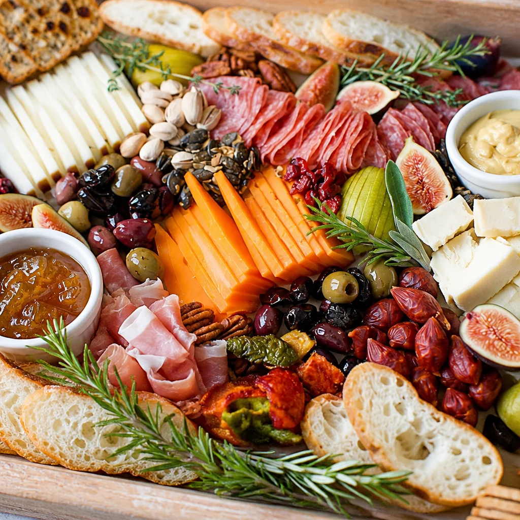 A beautifully arranged Thanksgiving charcuterie board with seasonal ingredients.