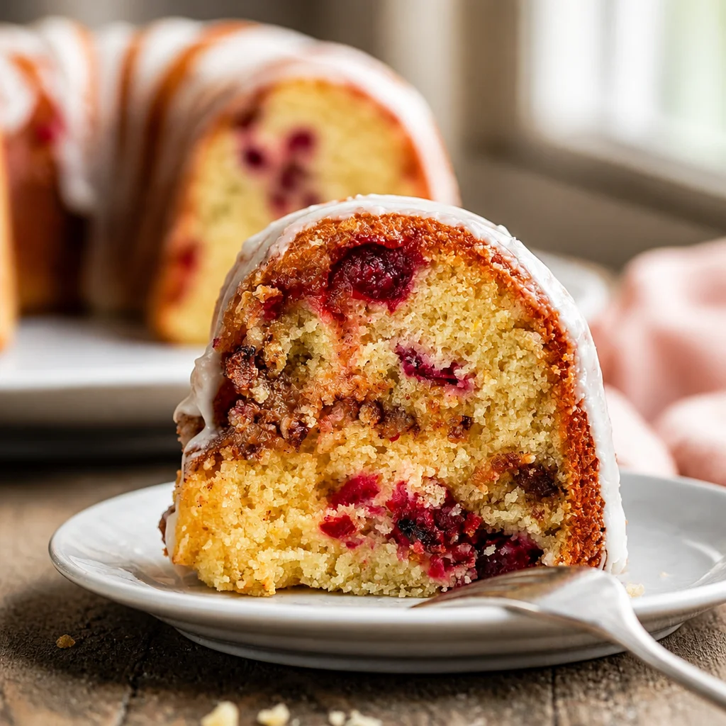 Thanksgiving Cranberry Orange Cake topped with cream cheese frosting and fresh cranberries.