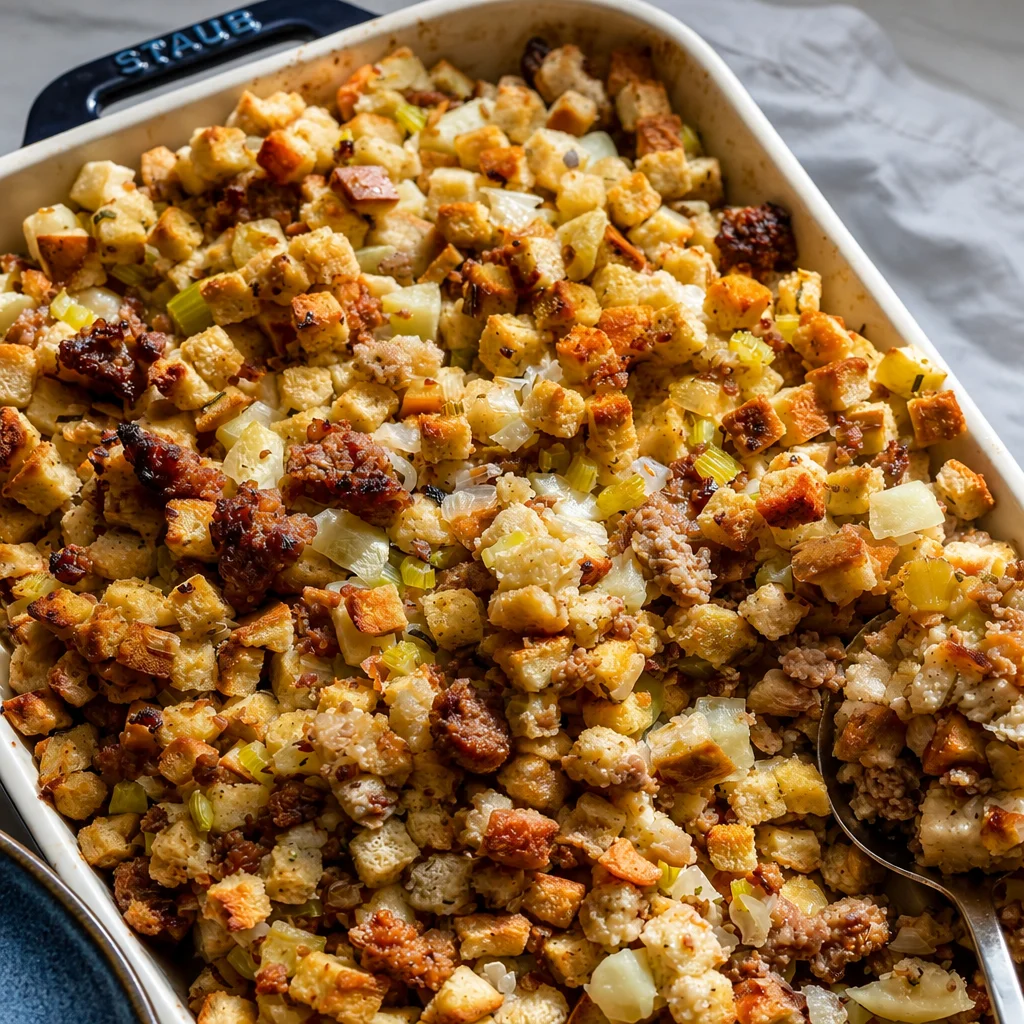 Thanksgiving Stuffing with Sausage and Apple served in a baking dish.