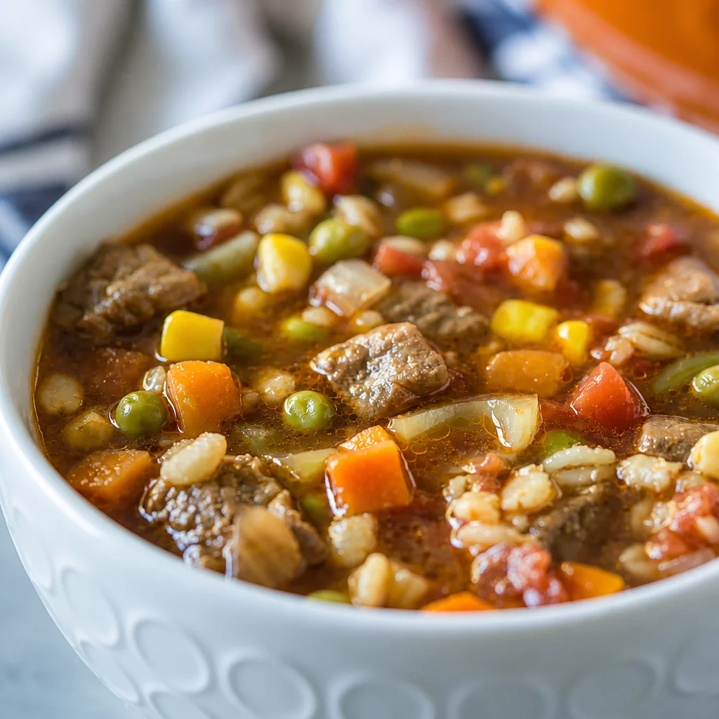 Bowl of hearty vegetable beef barley soup with colorful vegetables and tender beef.