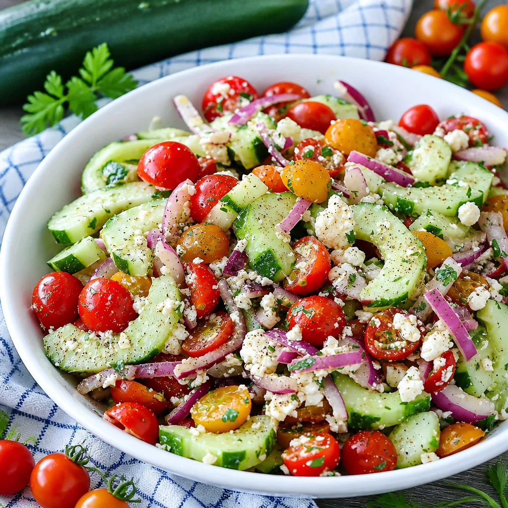 Viral Cucumber Tomato Feta Salad with Olive Oil Drizzle served in a bowl