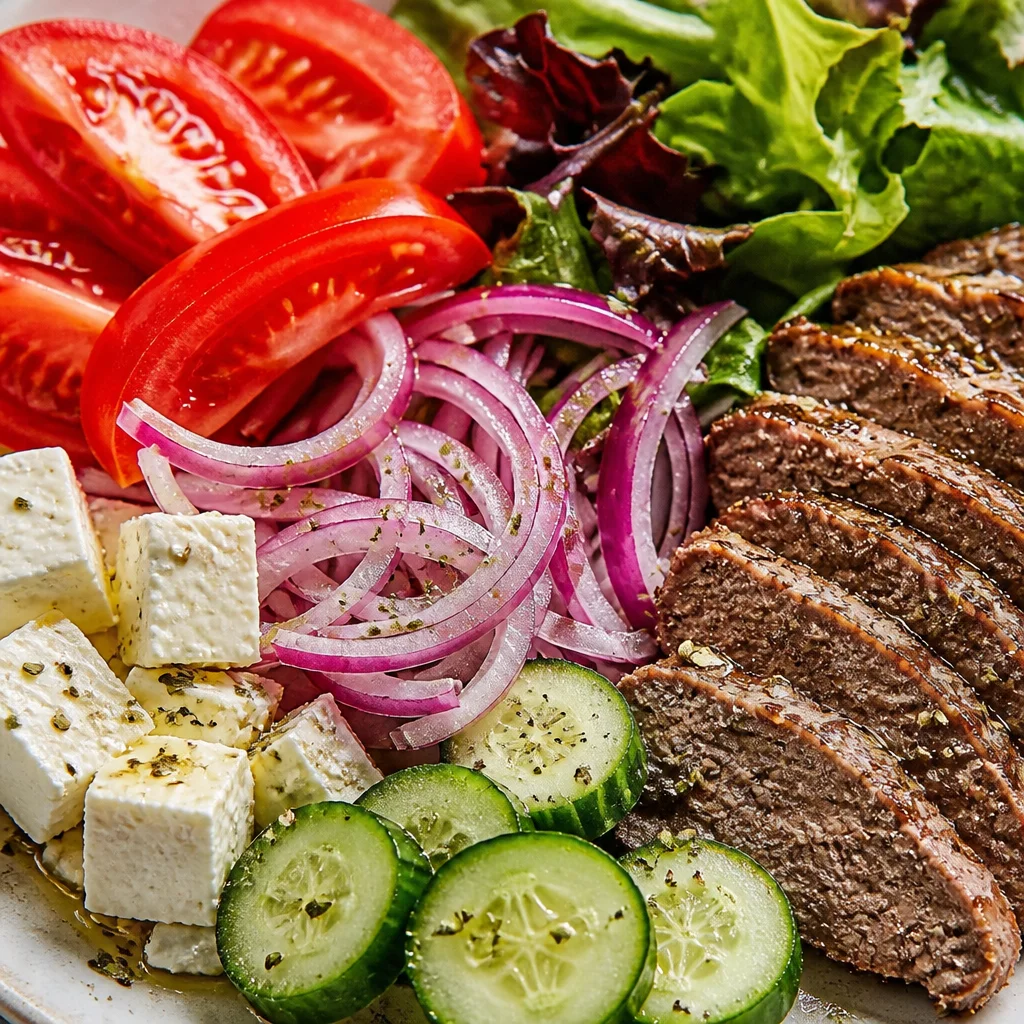 Juicy homemade gyro meat sliced on a pan, ready to serve in pita with toppings.