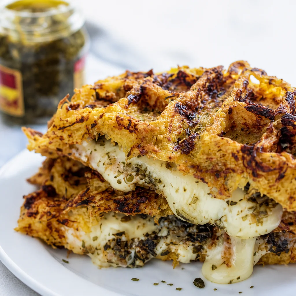 Delicious Waffle Maker Grilled Cheese sandwich with golden crust and melted cheese.