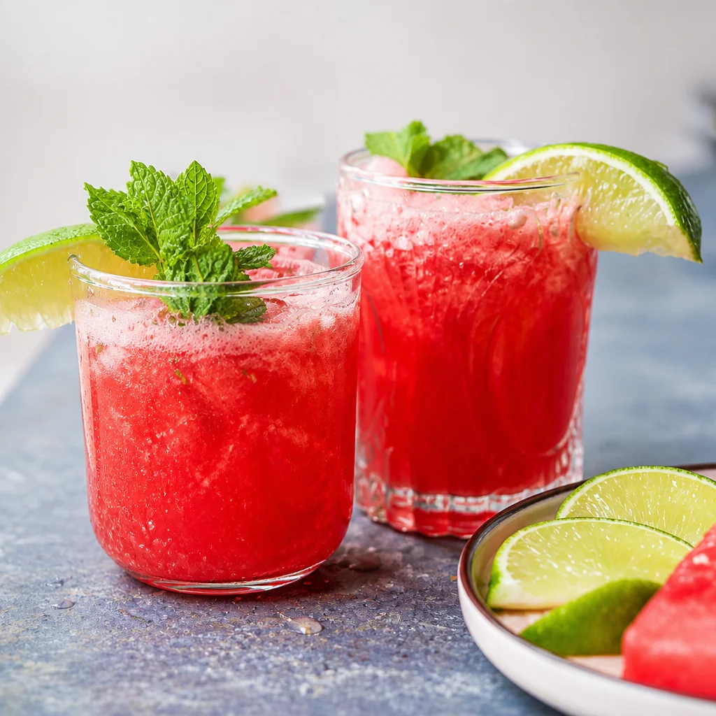 Refreshing Watermelon Jolly Rancher Drink garnished with citrus and ice cubes.