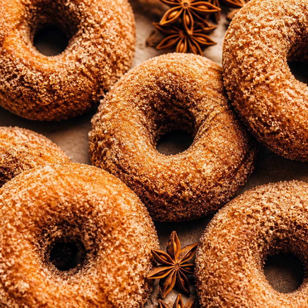 Delicious baked apple cider donuts coated with cinnamon sugar.