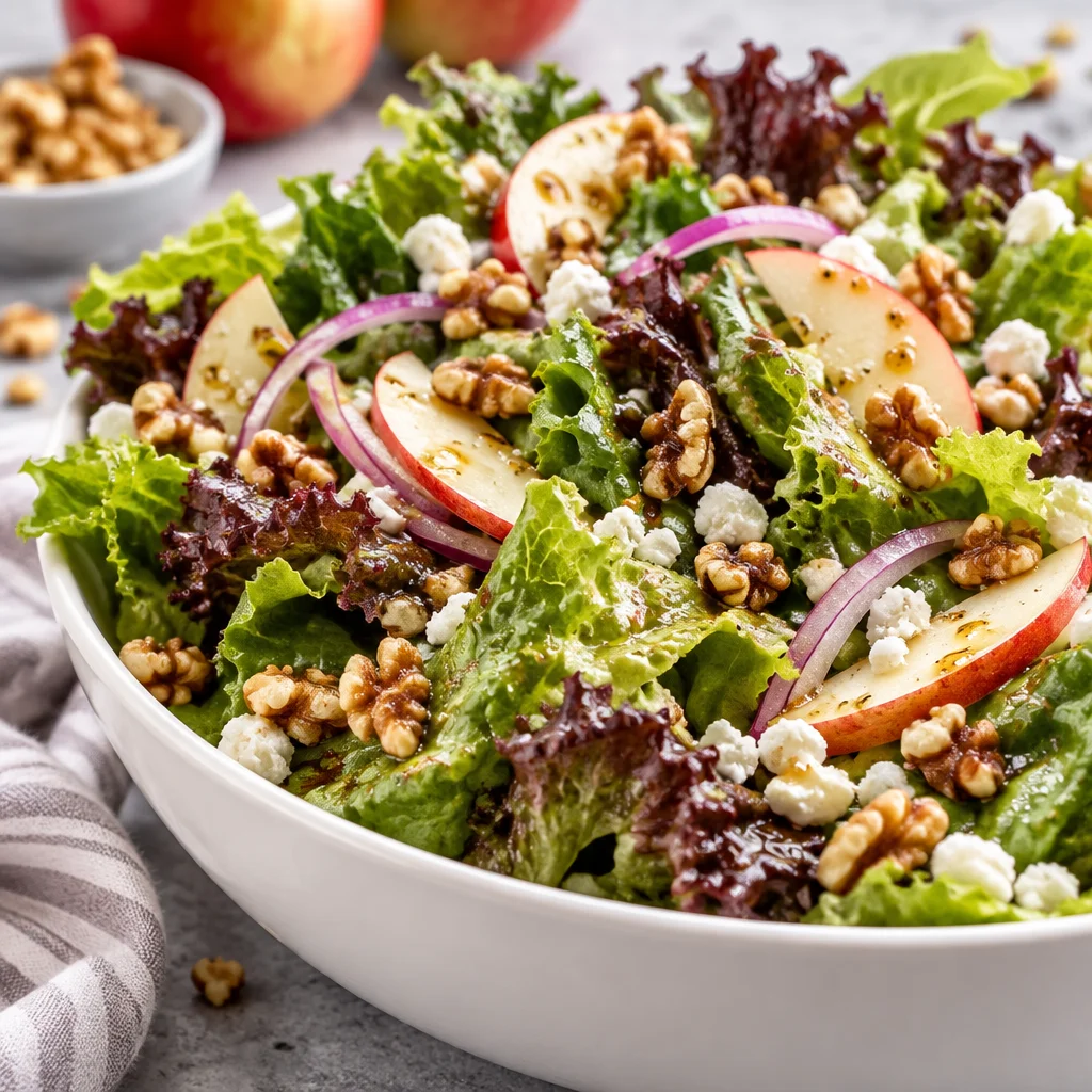 Apple walnut salad with crisp apples, candied walnuts, feta, and balsamic vinaigrette.