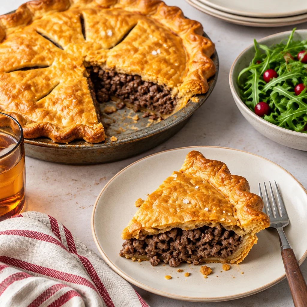 Traditional French Canadian meat pie, Tourtière, with spices and ground meats.