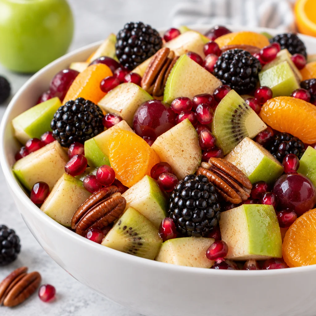 Colorful autumn fruit salad with apples, blackberries, and pecans in a honey dressing.