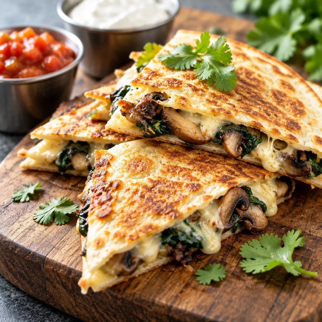 Spinach mushroom quesadilla filled with creamy cheese and sautéed mushrooms.