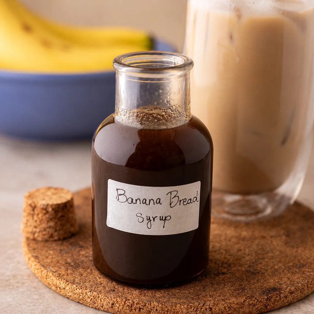 Homemade Banana Bread Syrup for coffee drinks, featuring banana, cinnamon, and brown sugar.