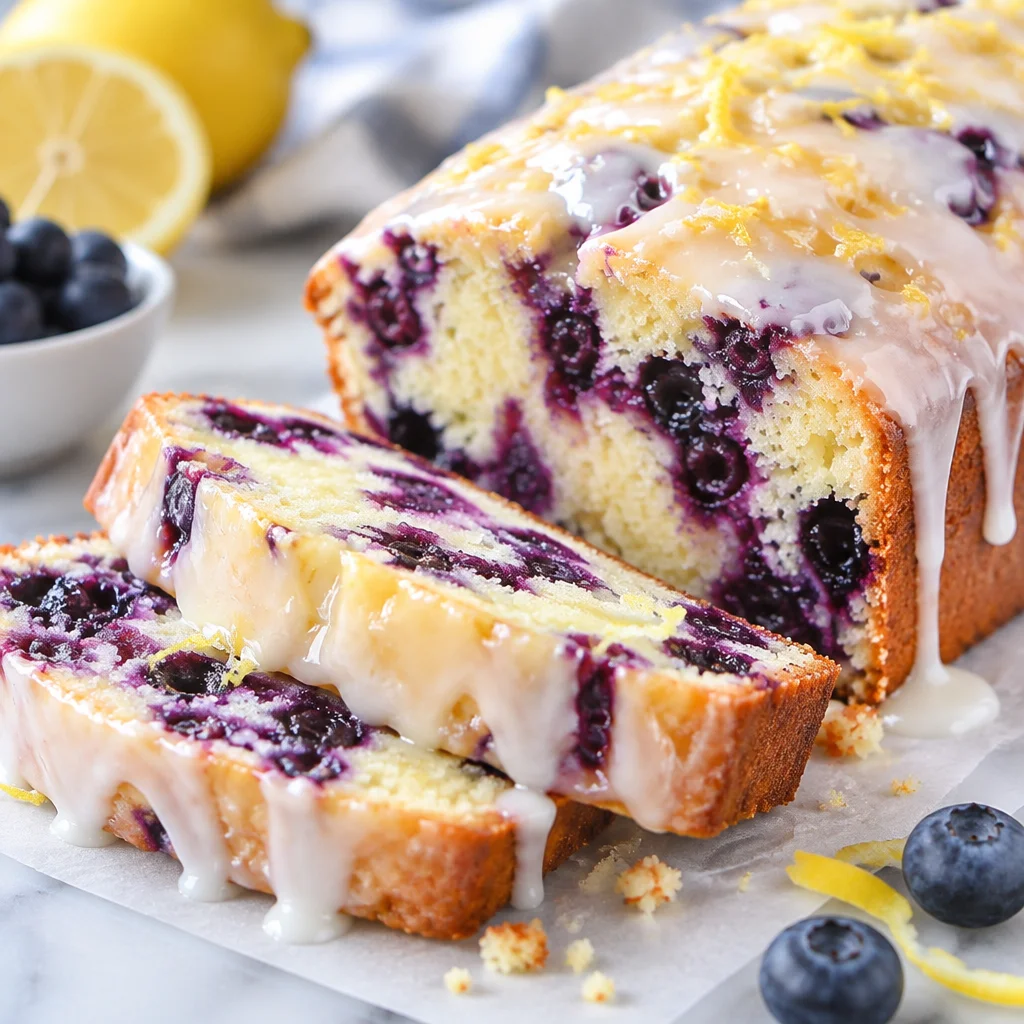 Moist blueberry lemon loaf topped with lemon glaze and fresh blueberries.
