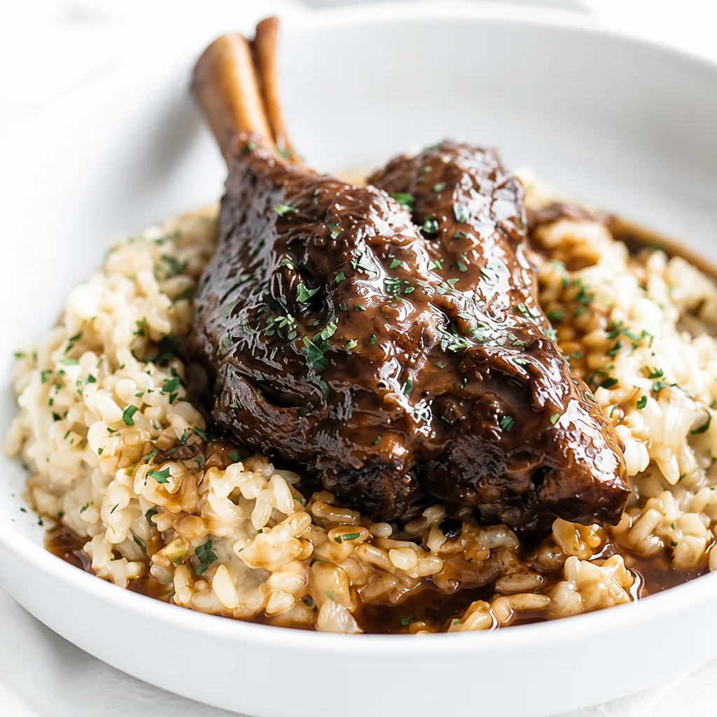 Braised lamb shanks served with rich red wine sauce and garnished, plated dish