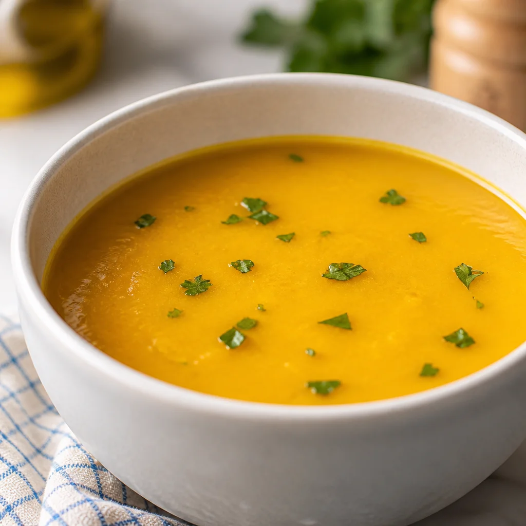 Creamy butternut squash soup garnished with herbs and served in a bowl.