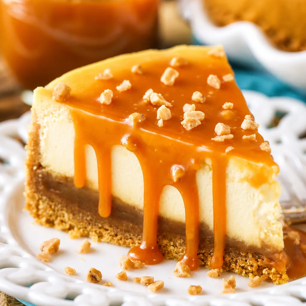 Slice of creamy caramel cheesecake topped with salted caramel and sea salt.