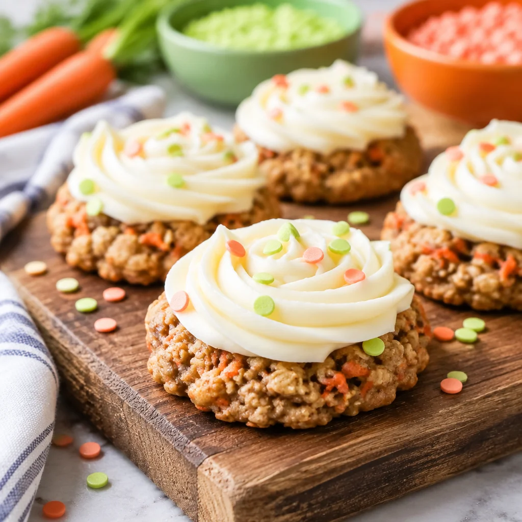 Delicious carrot cake cookies topped with cream cheese frosting on a wooden board.