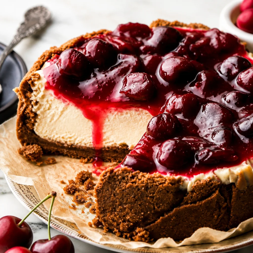 Cherry Cheesecake with Pistachio Crust topped with cherry filling and whipped cream