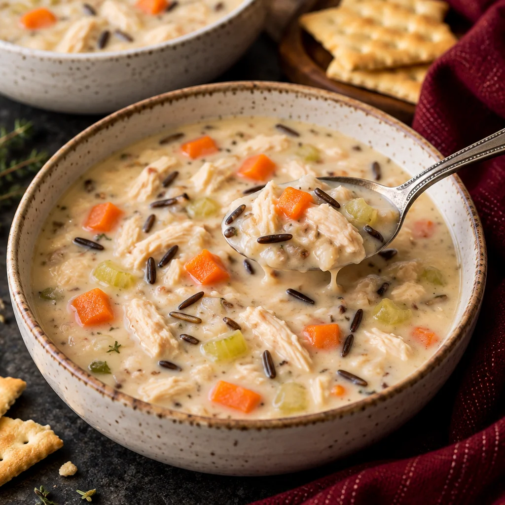 A delicious bowl of creamy chicken wild rice soup with carrots and herbs