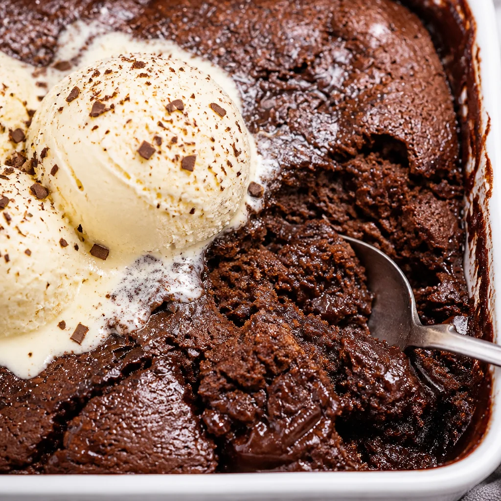 Warm Chocolate Cobbler with rich molten fudge sauce underneath a cake-like top.