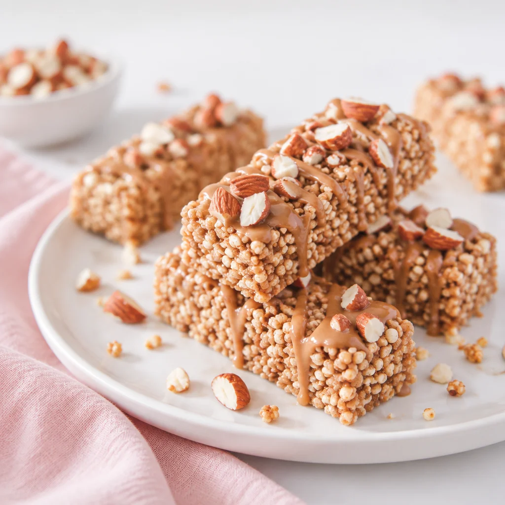 Homemade quinoa bars with blueberries and nuts on a wooden table.