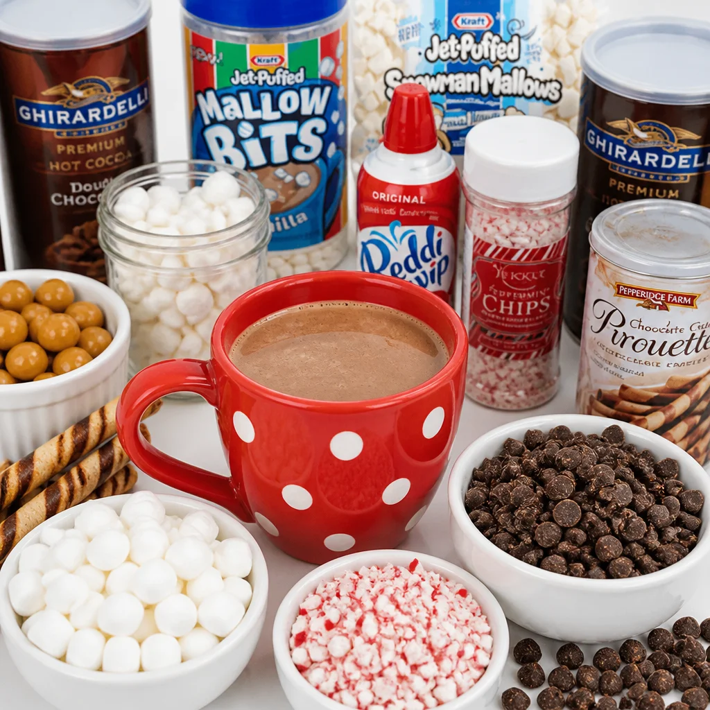 A beautifully arranged Christmas Hot Cocoa Bar with toppings and decorations.