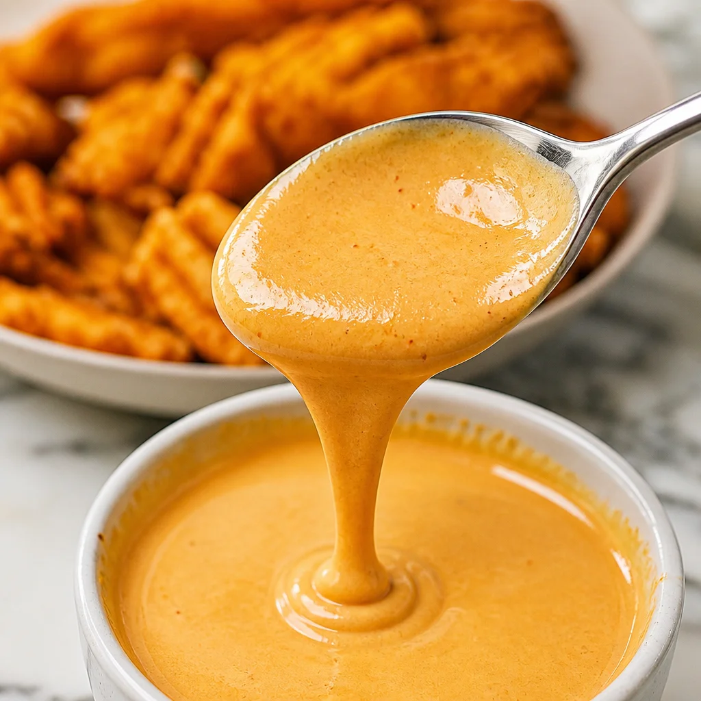 Delicious homemade copycat Chick Fil A sauce served with chicken nuggets.