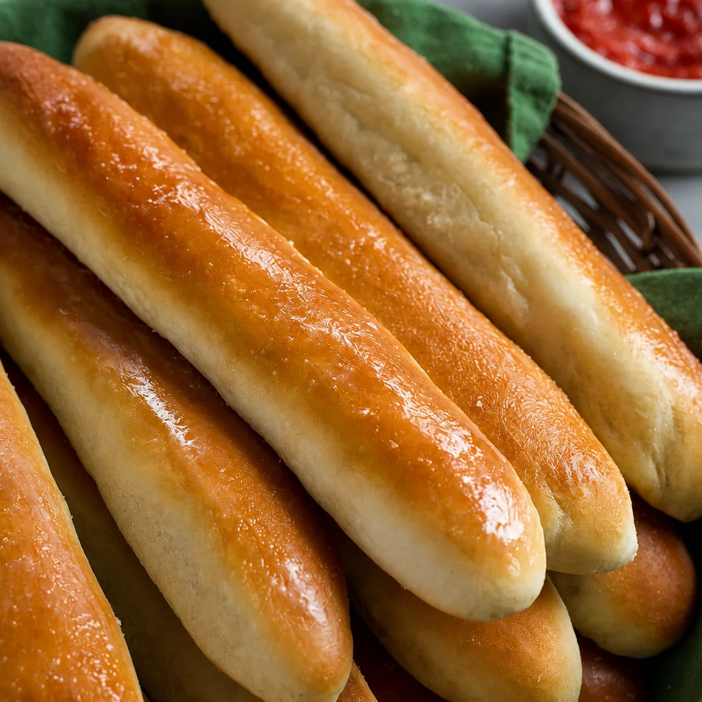 Homemade Copycat Olive Garden Breadsticks fresh out of the oven with garlic butter.