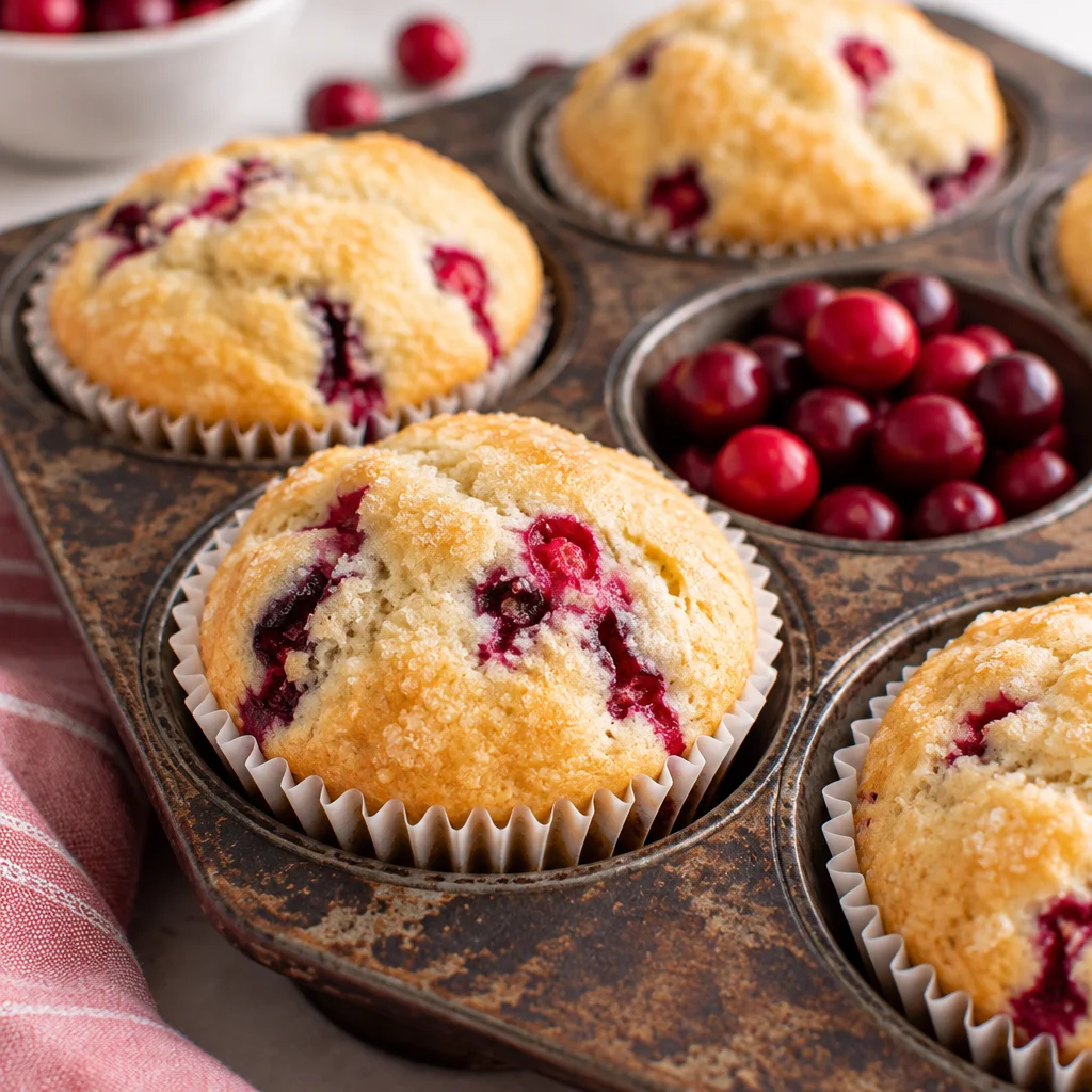 Freshly baked cranberry muffins served on a plate, showcasing a golden-brown top.