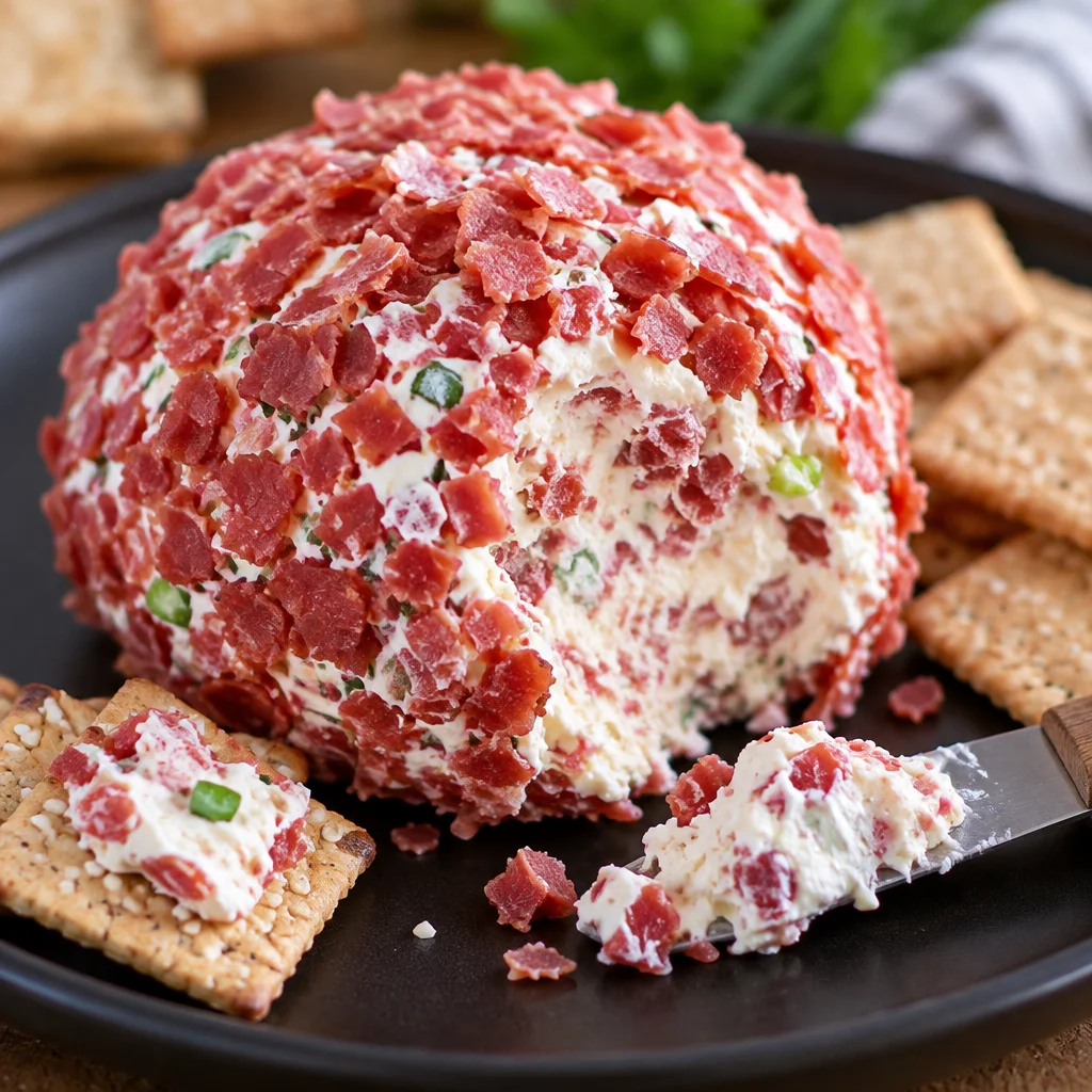 Creamy Chipped Beef Cheese Ball appetizer with crackers and vegetables