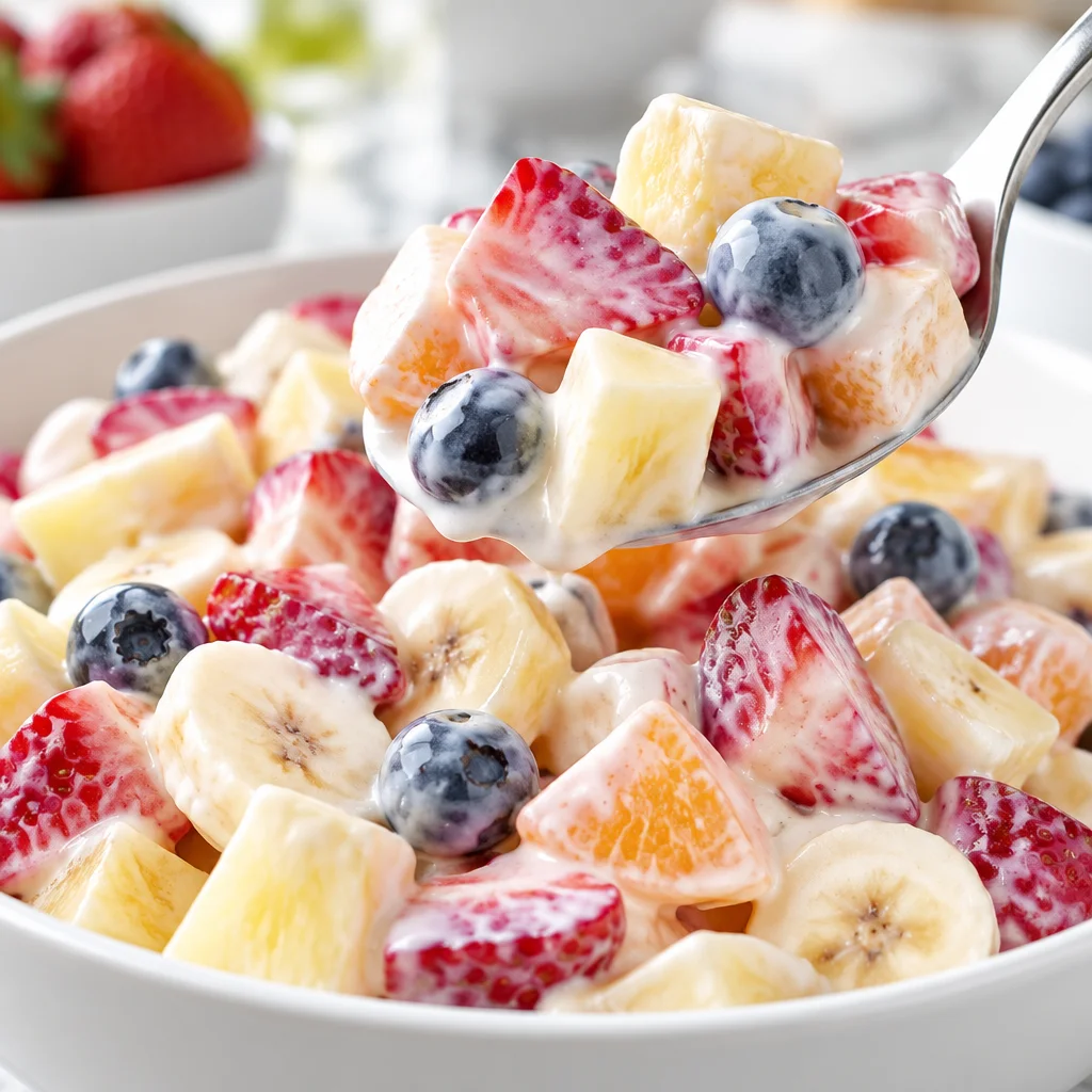 Colorful creamy fruit salad made with fresh fruits and a light dressing.