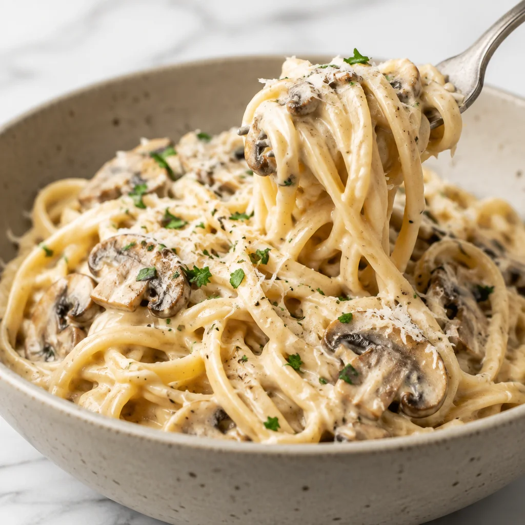 Creamy Mushroom Pasta served with golden mushrooms and garlic parmesan sauce