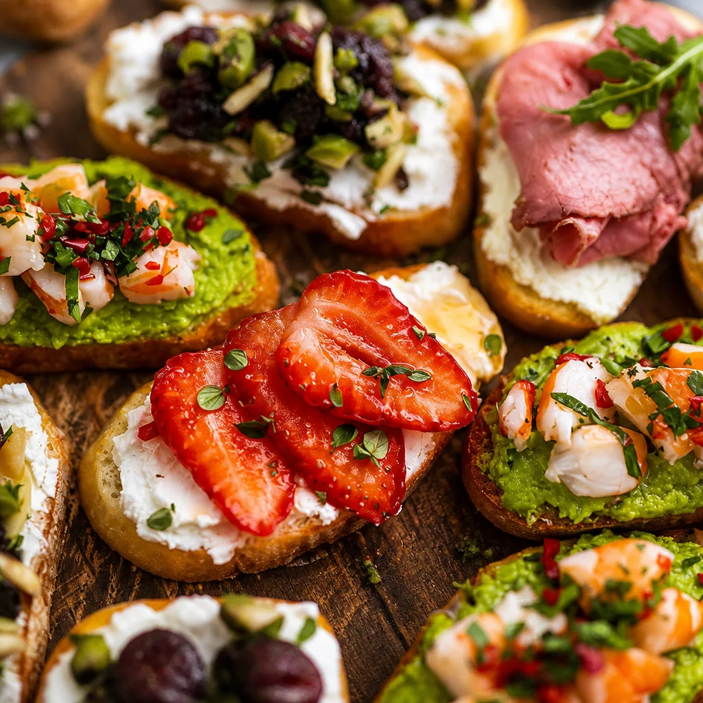 A variety of crostini topped with different ingredients for party appetizers.